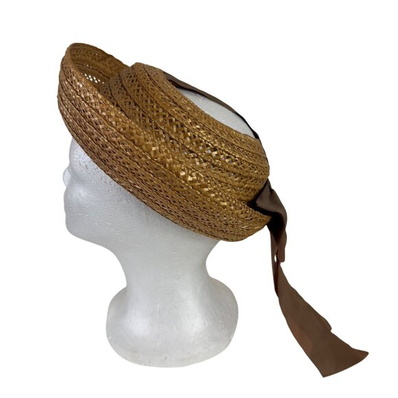 Natural Straw Boater Hat Open Crown VTG 1940s Brown Bow Rolled Brim Tailored - Picture 3 of 9